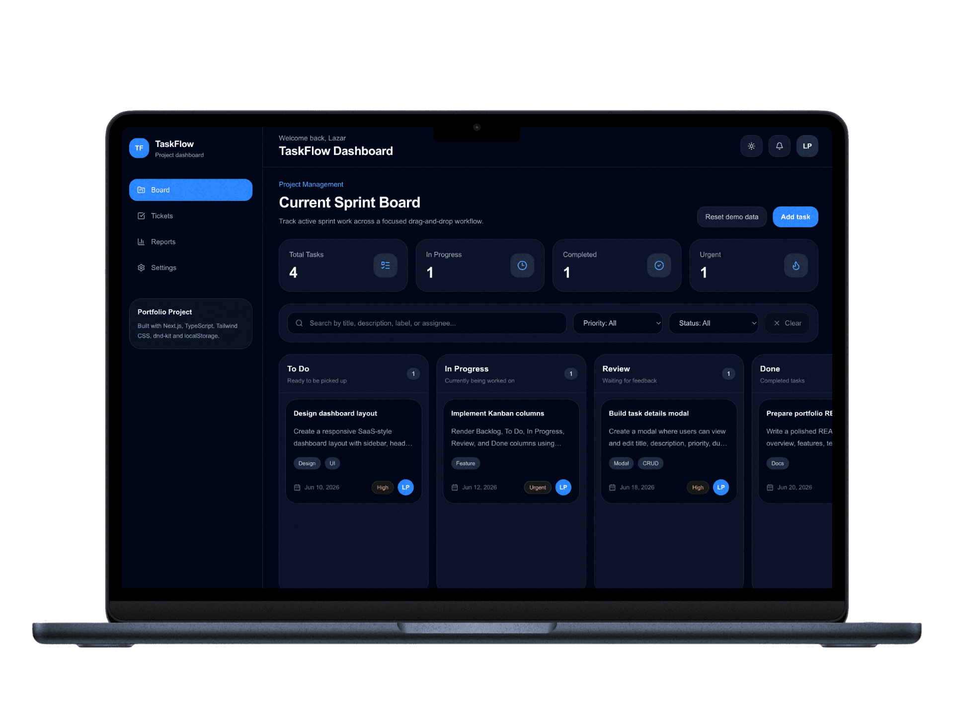 TaskFlow desktop dark mockup